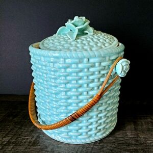 Woven Ceramic Basket with Lid and Handle Aqua / Pale Blue